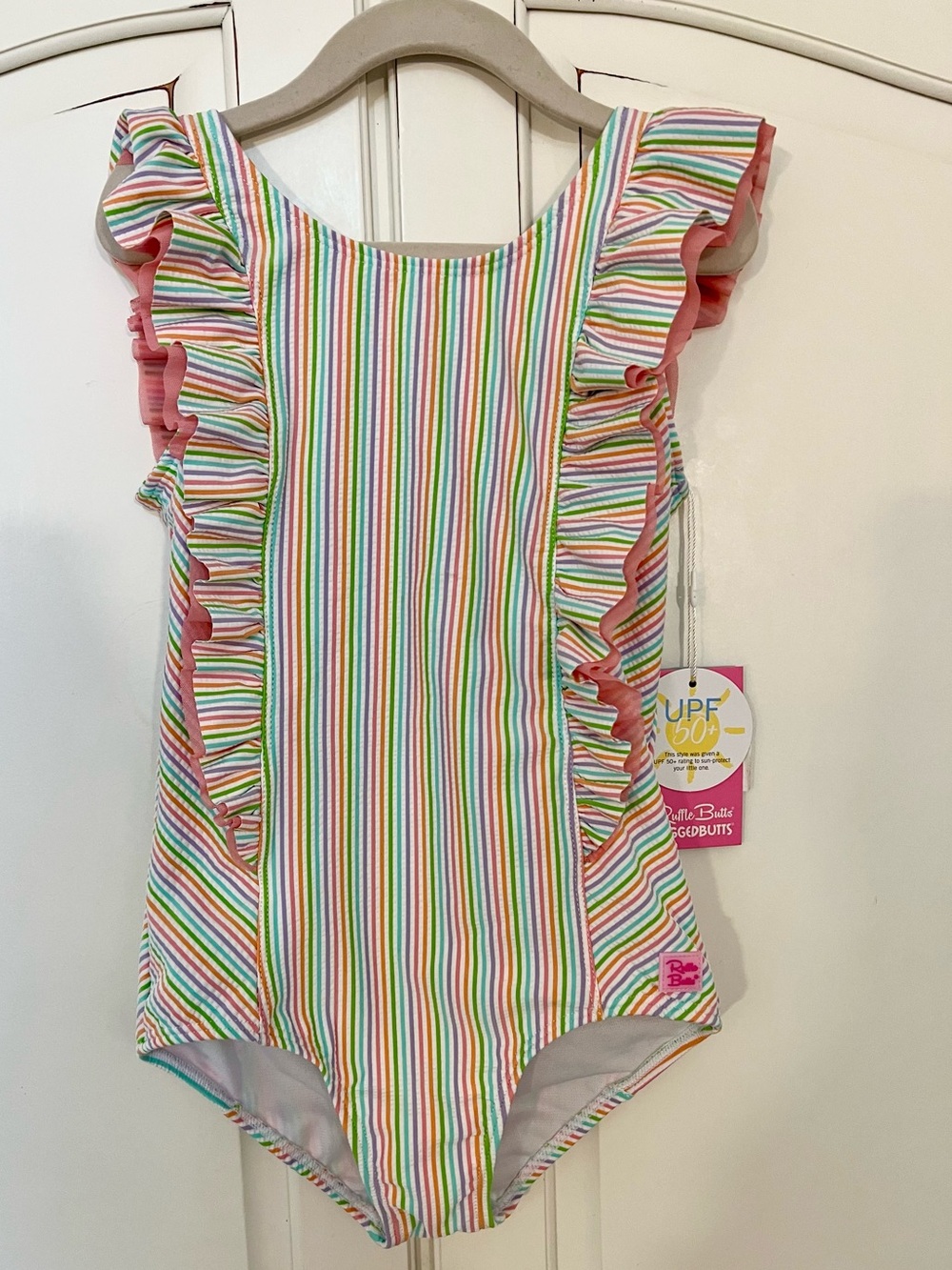 Ruffle Butts Multicolor Rainbow Stripe Ruffle Swimsuit with Bow NWT Size 7